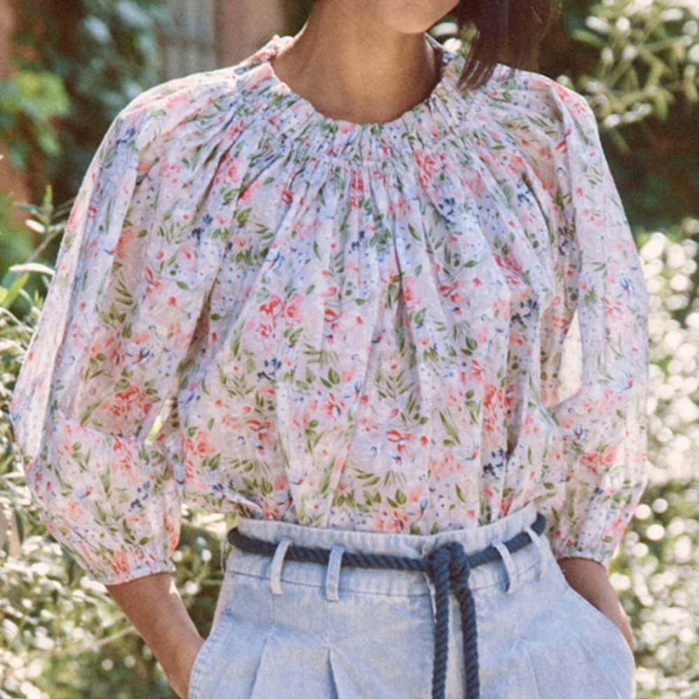 THE GREAT. Womens White Floral Smocked Neck Blouse